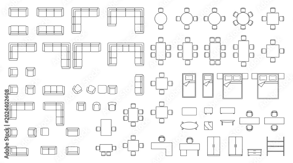 Obraz premium Top View Architectural Furniture Floor Plan CAD Block Vector Line Art Symbol Set