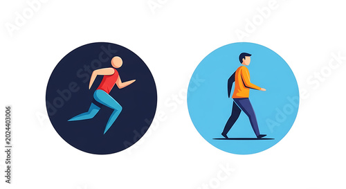 Two stylized of people running on circular blue and dark blue backgrounds person circle