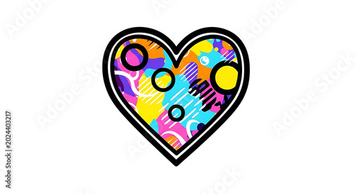 Vibrant abstract heart shape with colorful concentric circles and geometric patterns