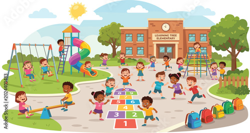 Slika na platnu Diverse happy cartoon school children playing together in elementary schoolyard