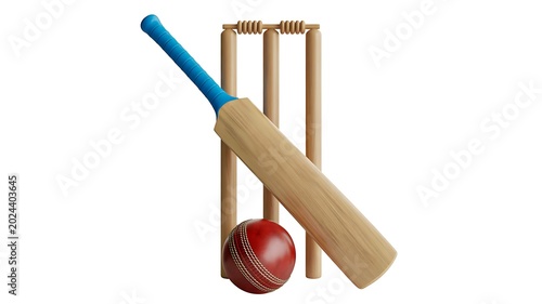 Cricket bat ball and wickets isolated on white background with sports equipment concept