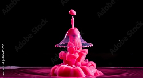 Action freeze-frame of a vibrant neon pink liquid dye drop blooming instantly in clear water.