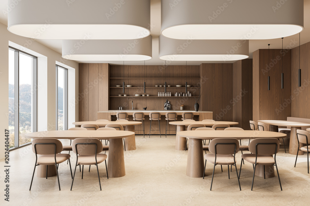 Fototapeta premium Modern minimalist restaurant interior with wooden tables, soft lighting, panoramic windows and elegant neutral-toned architecture design. 3D Rendering