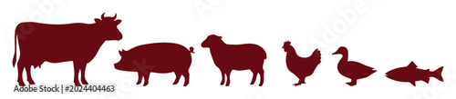 Photos Farm animal silhouettes in dark red, livestock vector set including cow pig shee