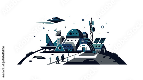 Futuristic Space Colony On A Moon Surface.