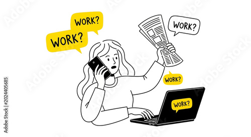 Canvastavla Stressed young woman overwhelmed by excessive work tasks.