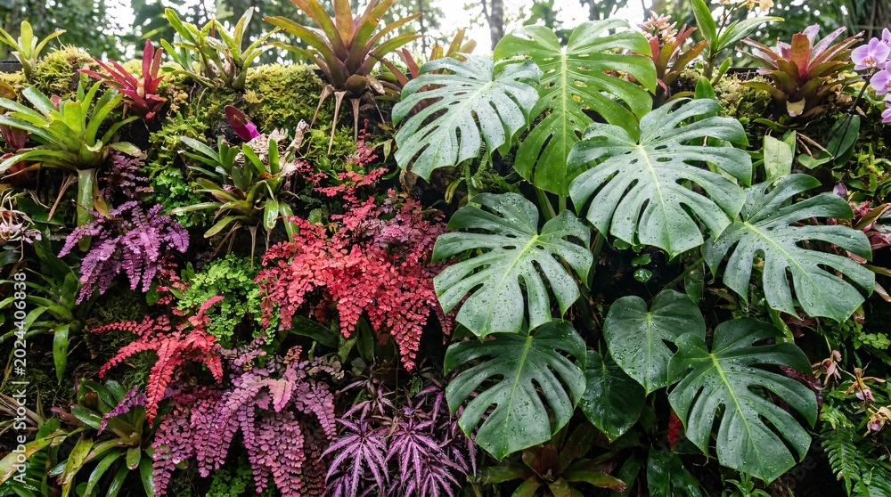 Obraz premium Lush vertical botanical garden wall completely covered in diverse tropical foliage features massive glossy leaves mixed with delicate ferns.
