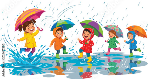 Foto Cute kids group wearing rain boots playing outside in rainy weather with bright
