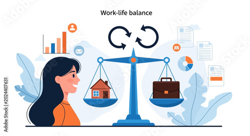 A woman balancing work and home life on a scale concept.