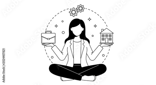 Photos A line art illustration of a woman balancing work and home life.