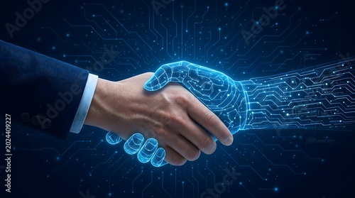 Human hand shaking digital robotic hand made of glowing particles and circuits on dark blue background
