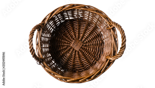Foto Round woven wicker basket with rope handles, isolated on transparent background