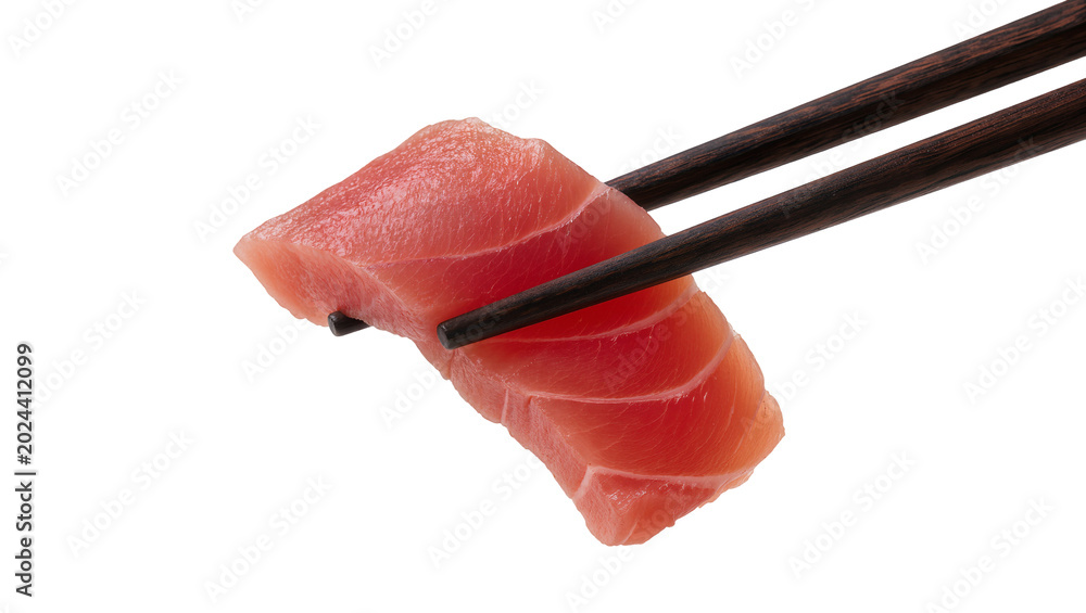 Φωτογραφία Raw tuna sashimi slice held by dark wooden chopsticks, isolated on transparent b