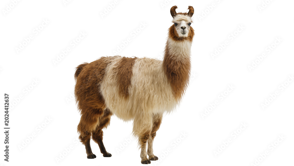 Fototapeta premium Brown and white llama standing, isolated on transparent background