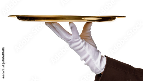 Photos White gloved hand holding a polished brass tray, isolated on transparent backgro