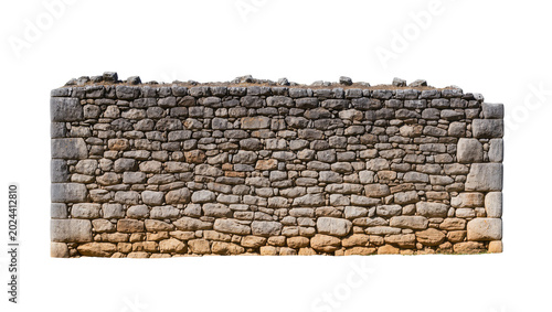 Rough hewn stone wall with weathered texture, isolated on transparent background