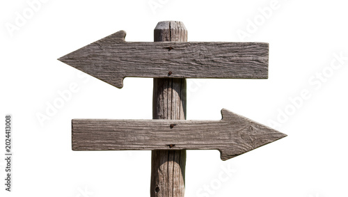 Cuadro en lienzo Rustic wooden directional signpost with two arrows pointing in opposite directio