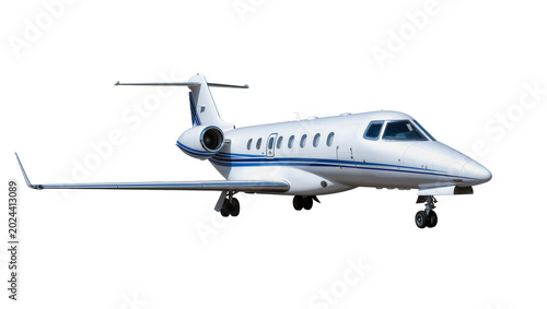 Foto Sleek white private jet with blue stripes, isolated on transparent background