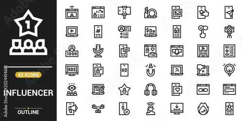 Influencer icon set vector line style illustration featuring social media creators content marketing symbols camera phone followers engagement analytics for digital branding projects