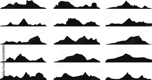 Mountain landscape icon collection vector line illustration featuring peak ranges nature symbols hiking outdoor adventure travel scenery and wilderness exploration design elements set