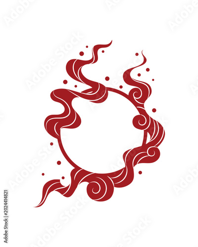 Circular Red Flame Wave Motif with Swirling Curves and Decorative Dots Design