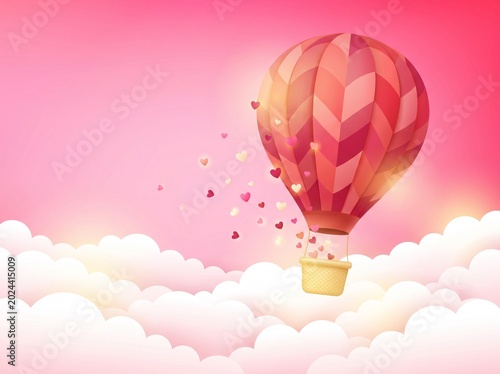Romantic pink hot air balloon with heart confetti floating above soft clouds in a dreamy pink sky, symbolizing love and celebration.