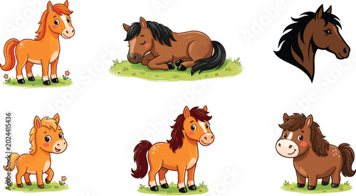 Konstfotografi Cute Pony and Horse Cartoon Vector Collection Featuring Adorable Farm Animal Cha