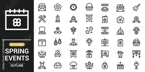 Spring event icon set vector line illustration featuring seasonal celebration symbols floral decorations festivals nature activities holidays and festive springtime graphic elements