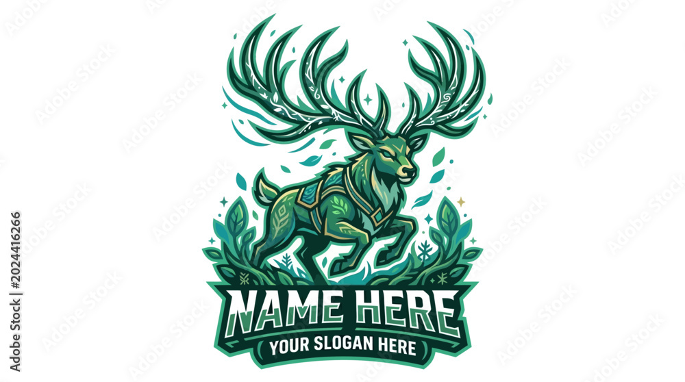 Obraz premium Majestic Green Deer with Ornate Antlers and Text Placeholder