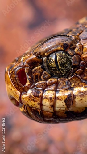 A close-up of a snake's head showing its eye and scales