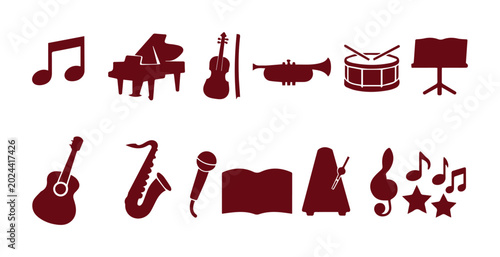 Canvas Print Musical instrument silhouette icons set, dark red orchestra and jazz band symbol