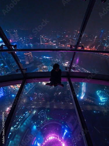 China, Shanghai—December 8, 2024: Silhouette of a kid on clear transparent observation deck in Oriental Pearl Tower.