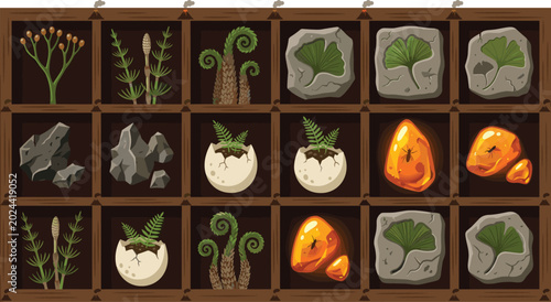 Quadro su tela Prehistoric Fossil and Specimen Collection Box with Ginkgo Leaf Impressions Ambe