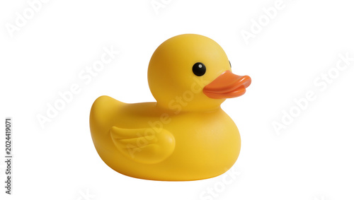 Foto Classic yellow rubber duck toy with orange beak, isolated on transparent backgro