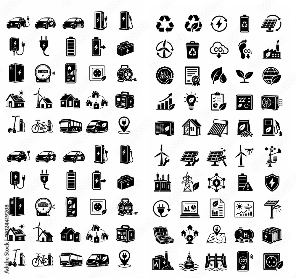Fototapeta premium Renewable Energy Perspective Icon Set in Black and White