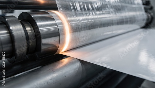 Closeup of a highspeed laminators pressure rollers fusing paper with wide web plastic film highlighting seamless industrial laminating for large format packaging production.