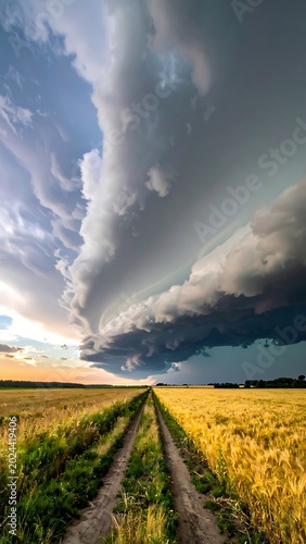A dirt road cuts through a vast wheat field under a stormy sky
