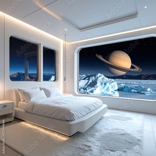 A futuristic bedroom with a bed and space views