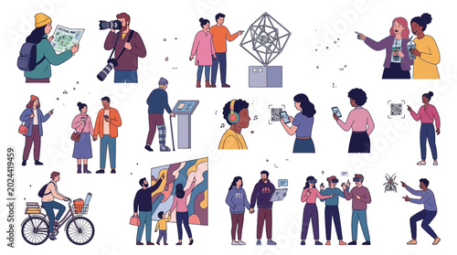 Modern Leisure and Culture Diverse people exploring museums, art, and technology for urban tourism and recreation in flat vector illustrations