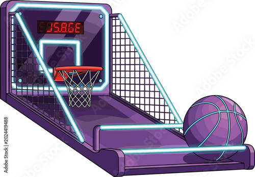 Retro Neon Arcade Basketball Shootout Game Machine with Electronic Score Board Digital Timer Netting and Purple Basket Ball Vector Illustration
