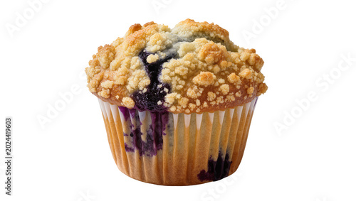 Cuadro en lienzo Golden brown blueberry muffin with streusel topping, isolated on transparent bac