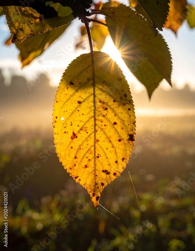 A golden leaf hangs from a branch against a sunny landscape