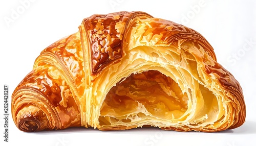 A golden-brown, flaky croissant on a white background
