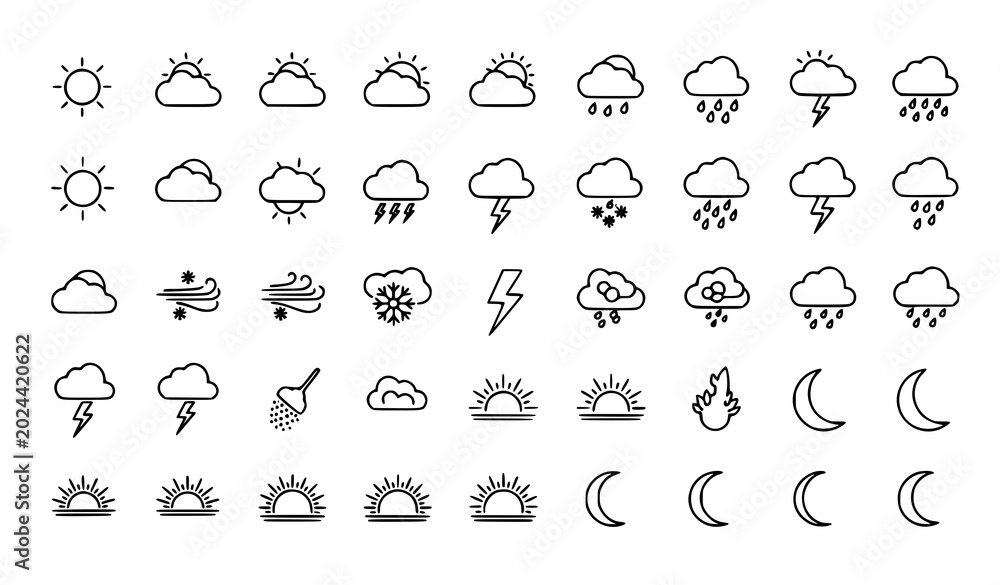 Fototapeta premium Weather icon set minimalist line art illustrations for forecasts applications and meteorological reporting