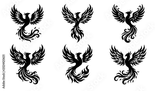 Photos Phoenix silhouette collection mythical bird winged vector icon set isolated on w