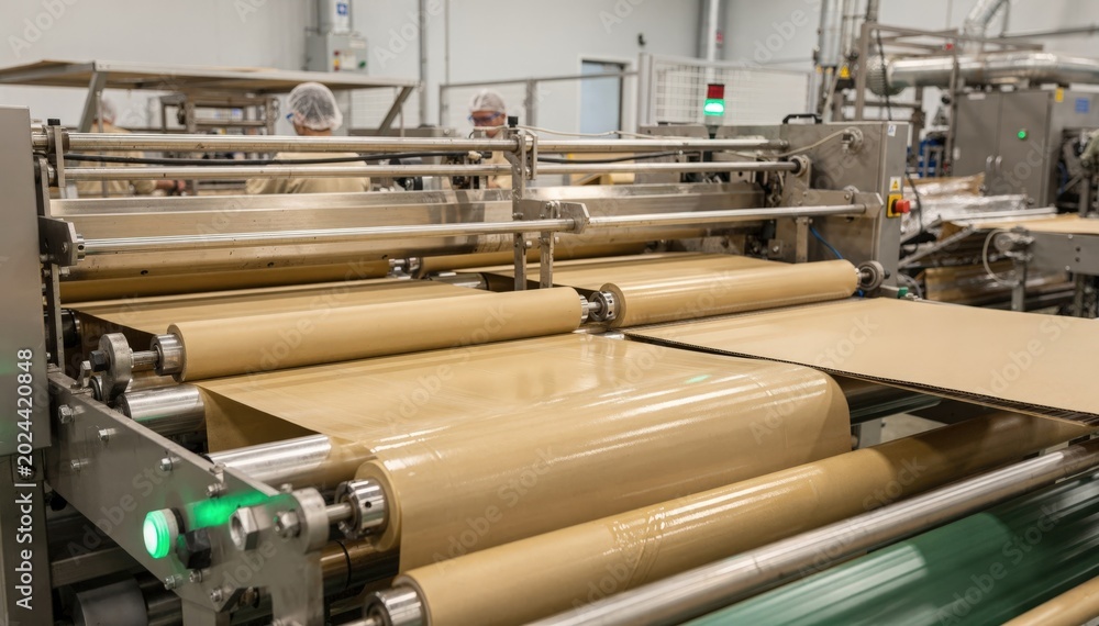 Naklejka premium Medium shot of a production line applying compostable biobased barrier coatings on packaging highlighting ecofriendly sustainable alternatives to traditional plastic films.