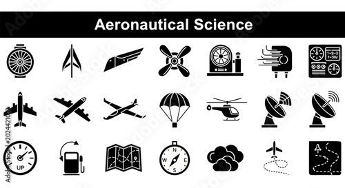 Slika na platnu A comprehensive collection of black and white vector icons representing various elements and concepts within aeronautical science and aviation