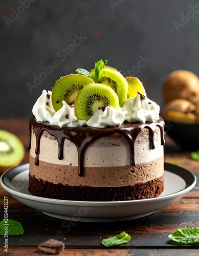 A layered dessert with chocolate, cream, and kiwi on a plate