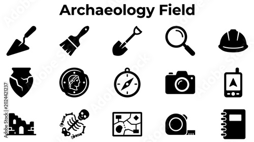 Φωτογραφία A collection of black and white icons representing various tools and symbols used in the field of archaeology and historical excavation