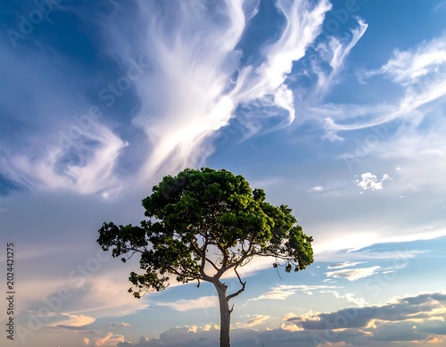 A lone tree stands against a vibrant sky with scattered clouds